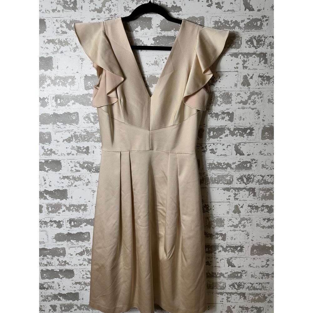 Cremieux Dress Womens 4 Beige Ruffle Sleeve V Neck Fit & Flare Pleated‎ Cocktail
